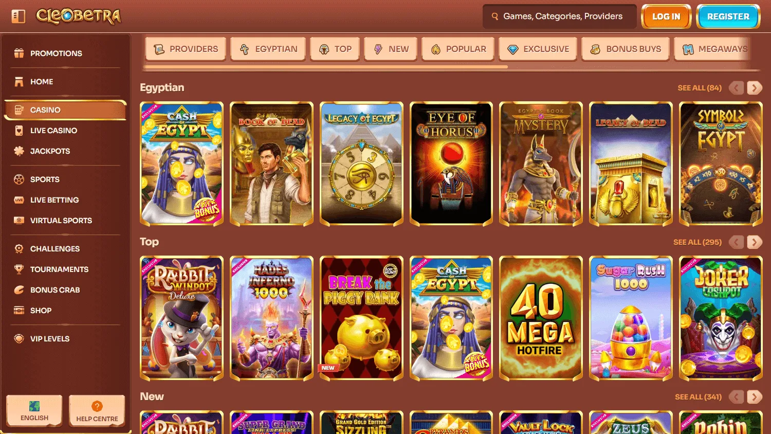 Cleobetra Casino desktop games catalogue with pokies and casino titles