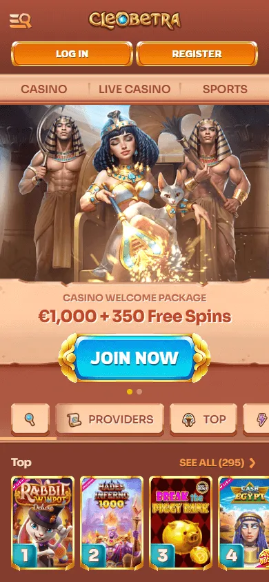 Cleobetra Casino mobile home screen in a browser